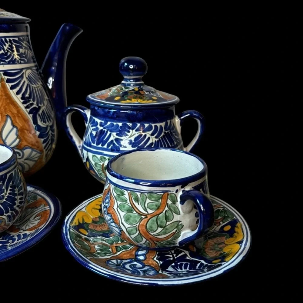 Vintage 70s Mexican Talavera by Vazquez Teapot Teacup and Saucer and Sugar Set